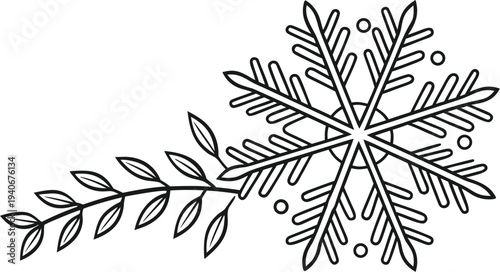 Black and white snowflake coloring page with winter leaf branch