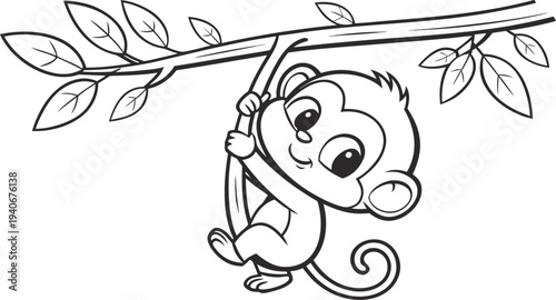 Cute baby monkey hanging from tree branch with leaves