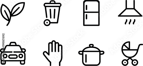 A Collection of Eight Diverse Line Art Icons Representing Common Objects and Concepts Isolated on Transparent Background