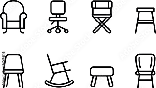 Collection of eight different chair and stool outline icons on a clean white background