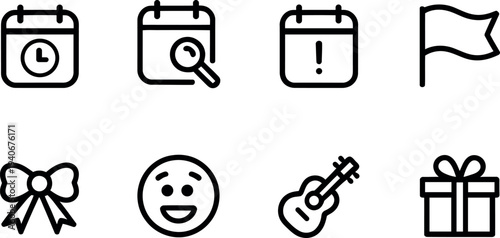 Collection of eight simplified outlined icons representing different concepts and objects for design