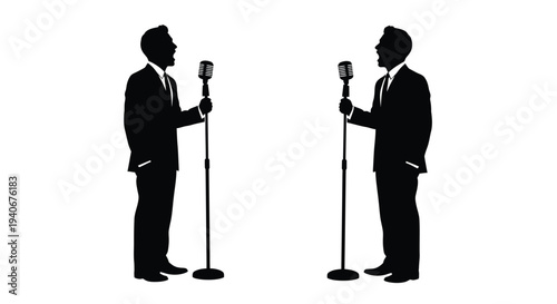 Two men in suits facing each other with vintage microphones