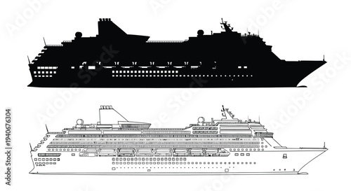 Black and white silhouette of a large cruise ship and a detailed liner
