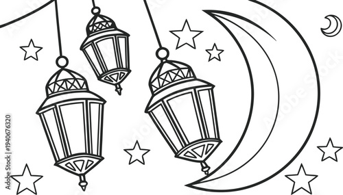 Hanging Eid lanterns with crescent moon and stars coloring page hanging lanterns