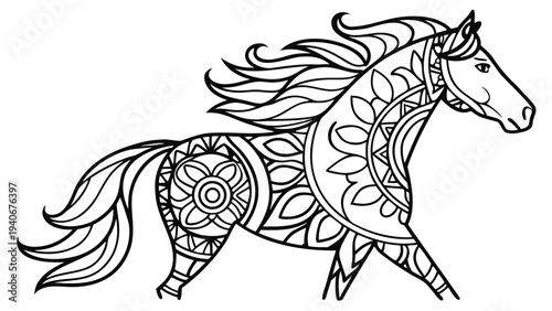 Horse mandala coloring page with flowing decorative pattern