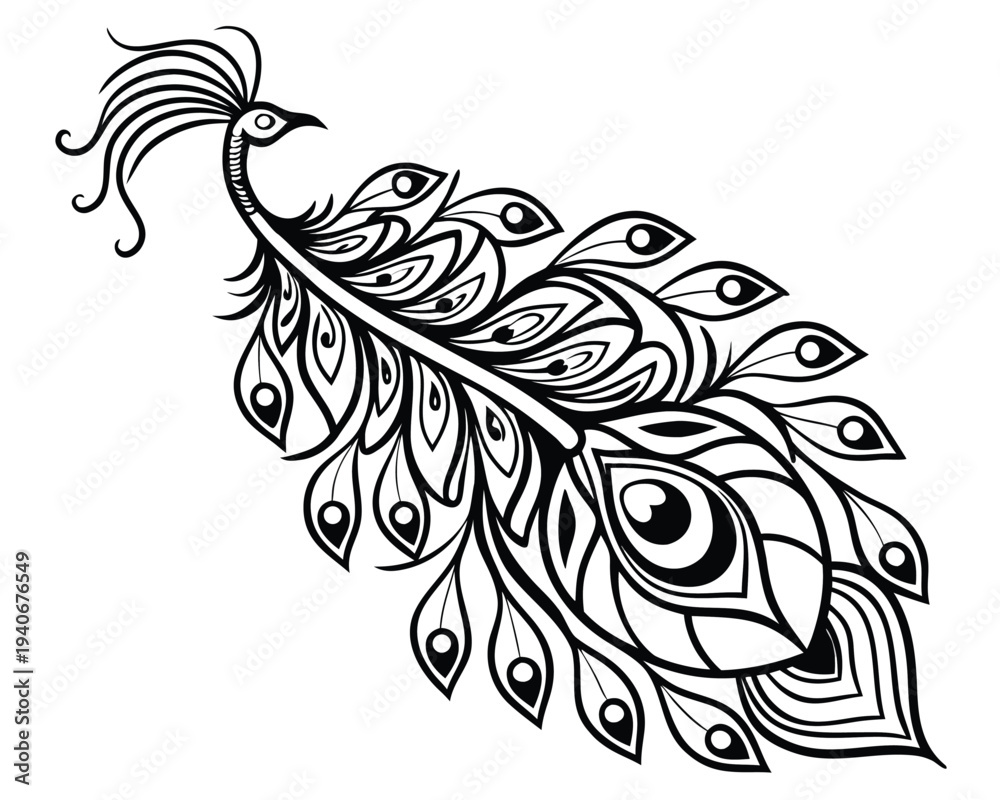 Fototapeta premium Peacock feather mandala in black and white coloring page line intricate feather pattern