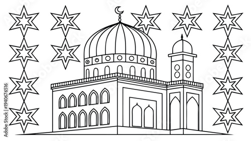 Islamic mosque building with geometric star pattern and crescent moon coloring page