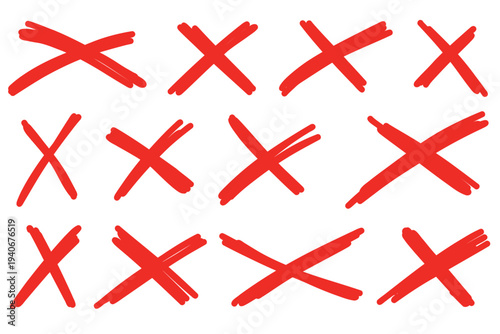 Hand drawn brush stroke cross mark set. Hand drawn Doodle cross, ban, refusal. Marker sketch. Strikethrough text and important objects. Stock vector illustration isolated on white background.
