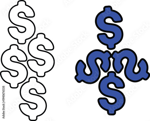 Dollar Sign Designs: Graphic illustration of dollar signs showcasing variations in outline and color, ideal for conveying financial concepts.