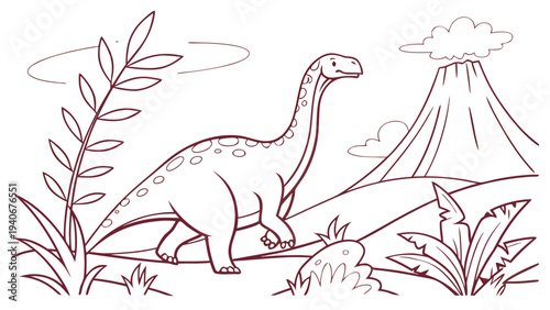 Dinosaur standing in front of volcano with plants coloring page line prehistoric