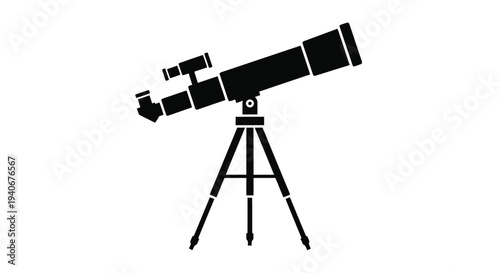 A black silhouette depicting a refracting telescope on a tripod