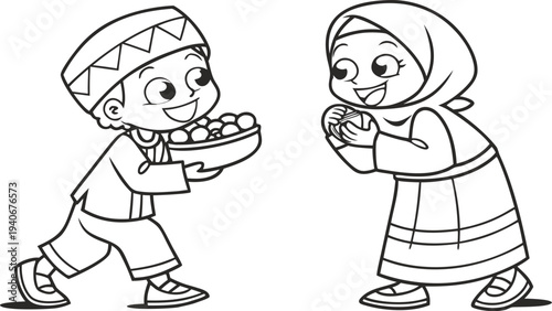 Kids in traditional clothes holding eid sweets children