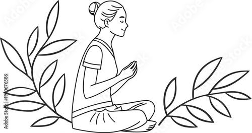 Seated figure in meditation with hands together and leaves yoga woman