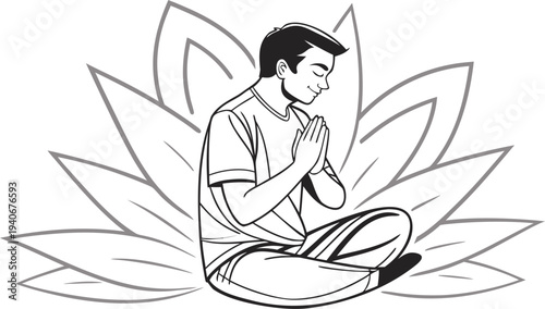 Man sitting in lotus pose with hands together and closed eyes meditation yoga