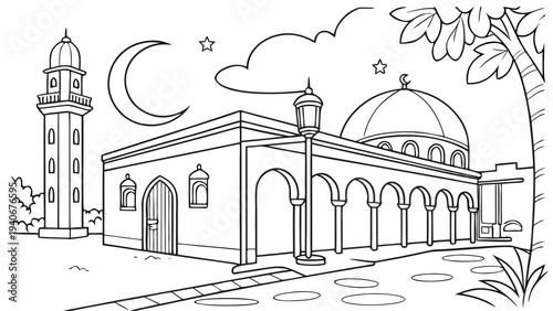 Mosque courtyard coloring page with crescent moon and minaret stars clouds