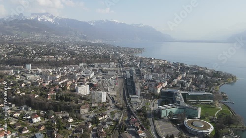 Aerial view of Vevey train station and Lake Geneva Switzerland