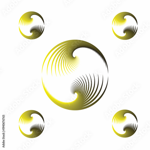 Abstract circular swirl yin yang symbol stylized with gradient effect surrounded by four smaller copies perfect for background design element or graphic illustration concept