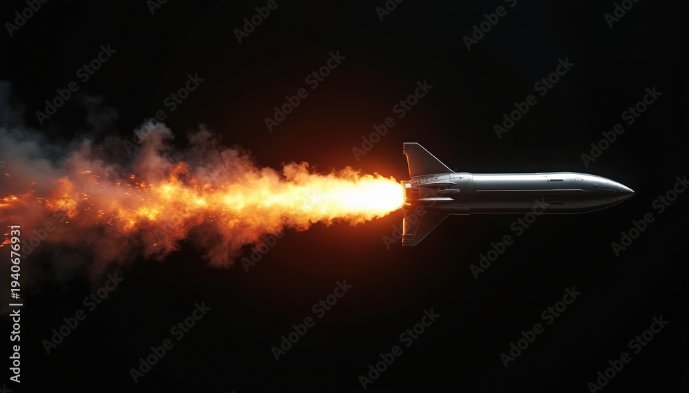 Fototapeta premium Silver rocket flies fast leaving bright fire trail and smoke cloud. Spacecraft moves forward propelled by powerful engine exhaust. Cosmic mission begins.