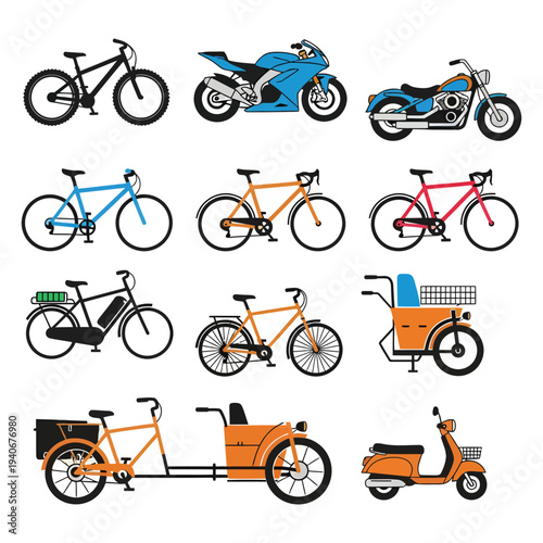 Colorful Variety of Bicycles, Motorcycles, and Cargo Scooters for Urban Mobility
