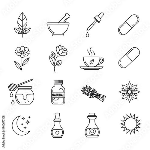 Natural Health and Wellness Icons: Herbs, Flowers, Oils, and Moon
