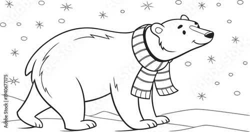 Polar bear wearing scarf standing in snow with stars winter