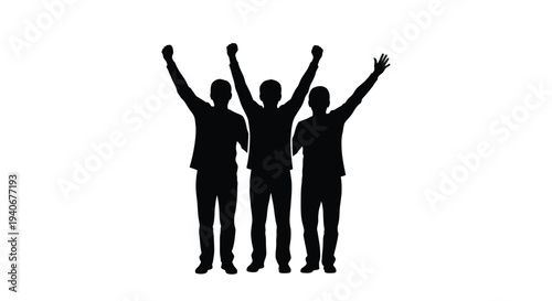 Silhouettes of four people celebrating with arms raised in triumph