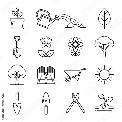 Gardening Icons: Plant, Watering Can, Shovel, Flower, Tree, Gloves, and Tools