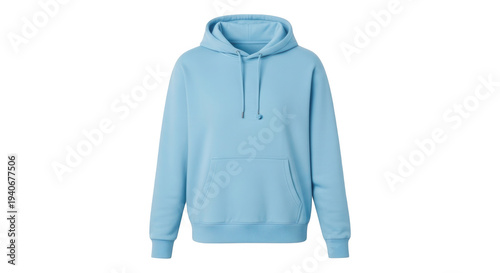 Light blue hoodie mockup, blank hooded sweatshirt front view isolated on white background for casual clothing brand apparel design and streetwear template