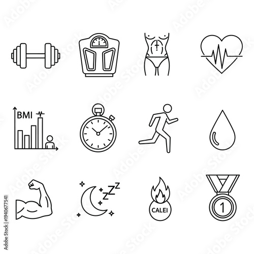 Fitness and Health Icons: Dumbbell, Scale, Abs, Heartbeat, BMI Chart, Stopwatch, Runner, Water Drop