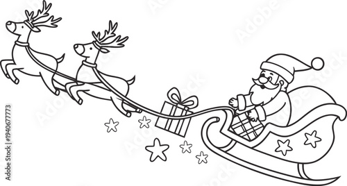 Santa claus in sleigh with two reindeer and gift stars