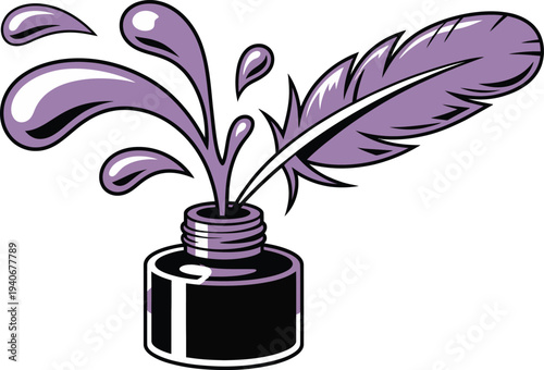Lavender Ink Bottle with Quill Pen and Splashes, Elegant Writing Illustration