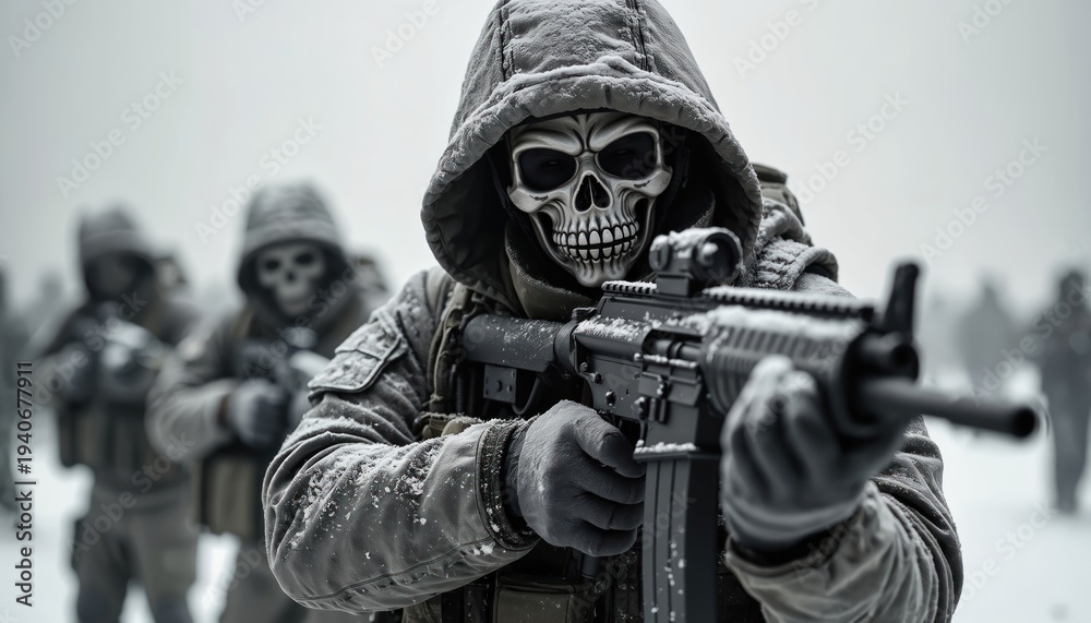 Fototapeta premium Soldiers in skull masks hold machine guns in snowy weather. Ghostly figures move in formation during a cold battle. Military team aims weapons in winter warfare.
