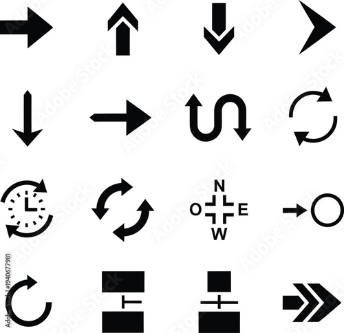 Collection of arrow and direction icons: left, right, up, down, curved, circular, clockwise, compass directions, timeline