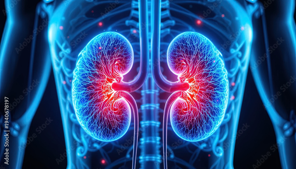 Fototapeta premium Glowing anatomical depiction highlights human internal organ structures and associated inflammation