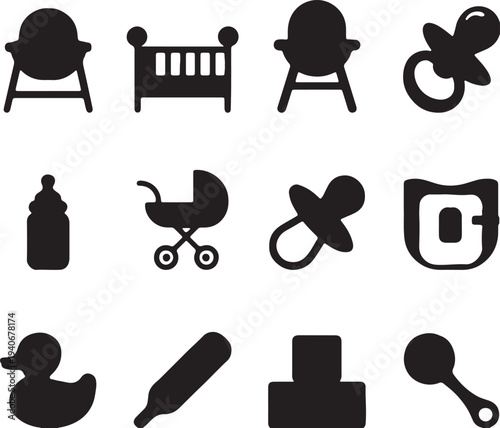 Baby Essentials Icons: A collection of simple, stylized icons representing essential items for a baby, perfect for various design projects. 