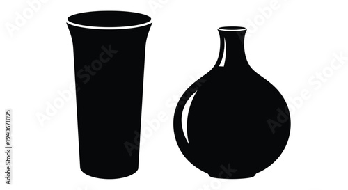 Simple black silhouette illustration of a drinking glass and a vase