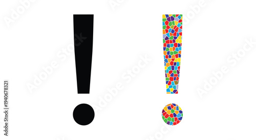 Two exclamation points and circles one solid one mosaic like