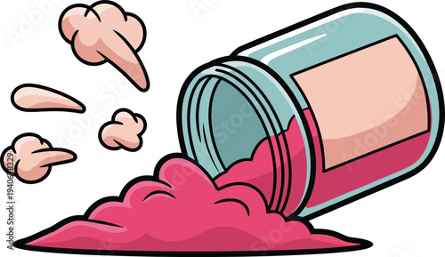 Jar of pink powder tipped over, spilling its contents and creating playful puffs of dust.