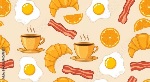Breakfast seamless pattern featuring croissants, fried eggs, bacon strips, steaming coffee cups, and fresh orange slices on a cream background