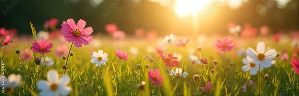 Fototapeta premium Close up field of cosmos flowers blooming in warm sunlight. Pink and white petals open wide, grass green stems tall. Evening sun shines bright over vibrant meadow.