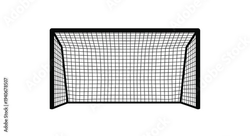 A black and white illustration of a soccer goal with netting