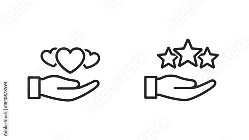 Hands holding hearts and stars, symbolizing care, appreciation, and quality in simple line art icons.