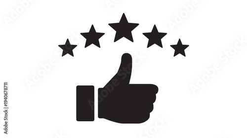 Thumbs up icon with five stars signifying excellent customer service and positive feedback, perfect for reviews.