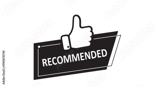 Recommended thumb up icon with black background and white text for approval and endorsement. featuring thumbs up, graphic, design with symbol and