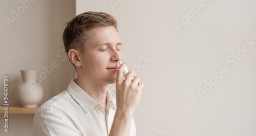 Young man using nasal spray bottle with closed eyes in cozy home setting  