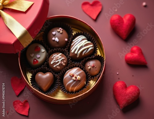 Heart shaped box holds assorted chocolate pralines. Rich cocoa candies with cream filling and nuts are decorated with glaze and heart shapes. Perfect gift for romantic holiday.