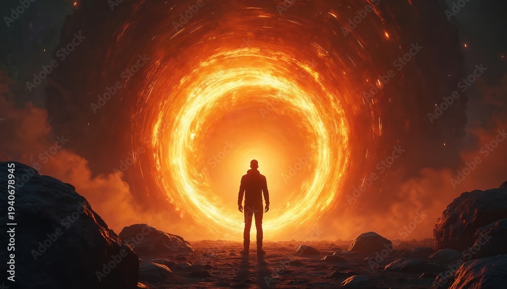 Fototapeta premium Man stands before blazing portal of light, suggesting portal travel or cosmic event. Surreal landscape with fire vortex in sky. Mystery and adventure concept.