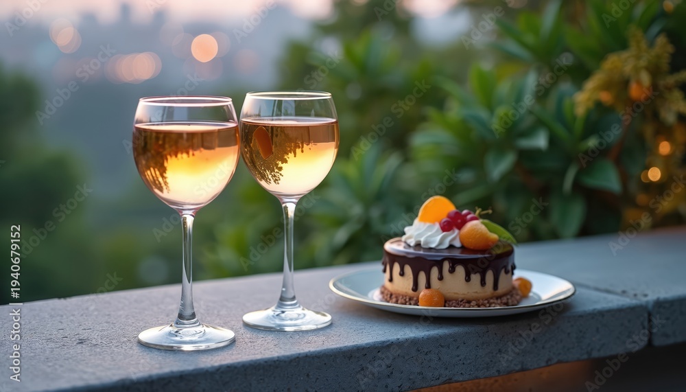 Fototapeta premium Two glasses of white wine and small cake with fruit topping sit on terrace with blurry city background. Enjoying sweet dessert and drink with urban skyline views during dusk time.