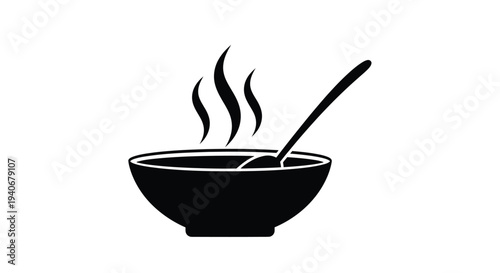 A simple black and white illustration of a steaming bowl of soup