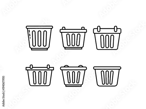 A collection of six minimalist line art icons depicting various basket and bin designs for graphic resources.